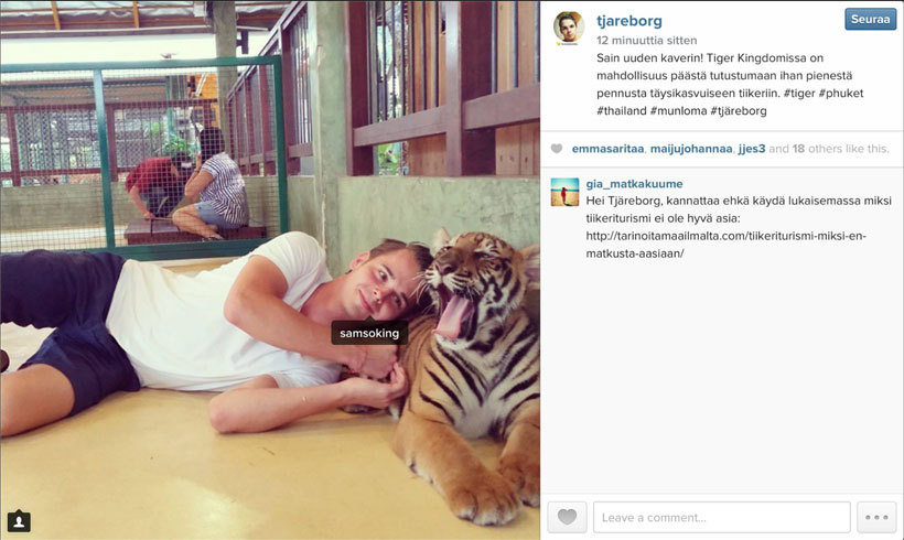 Tjäreborgin Instagram-tili, ennen kuin kuva poistettiin. Kuvakaappaus Tämä Matka -blogista.
