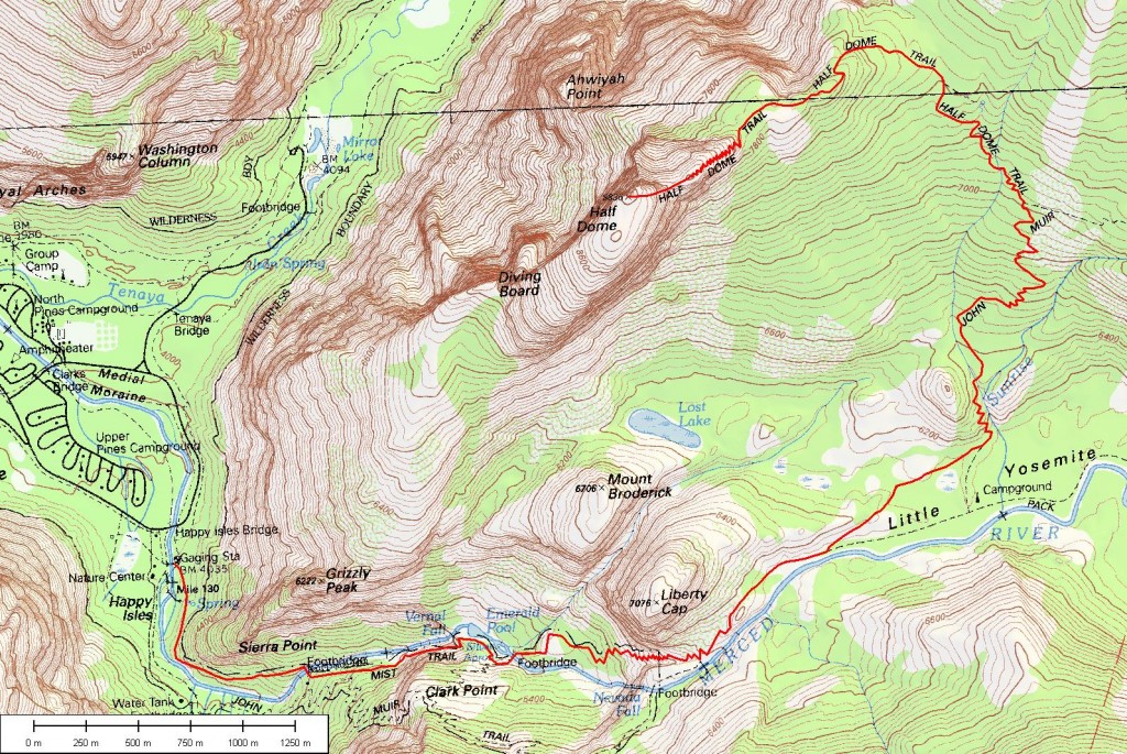 Kävelemämme reitti kartalla. Paluumatkalla kiersimme vesiputousten ohitse kiipeävän Mist Trailin John Muir Trailin kautta.